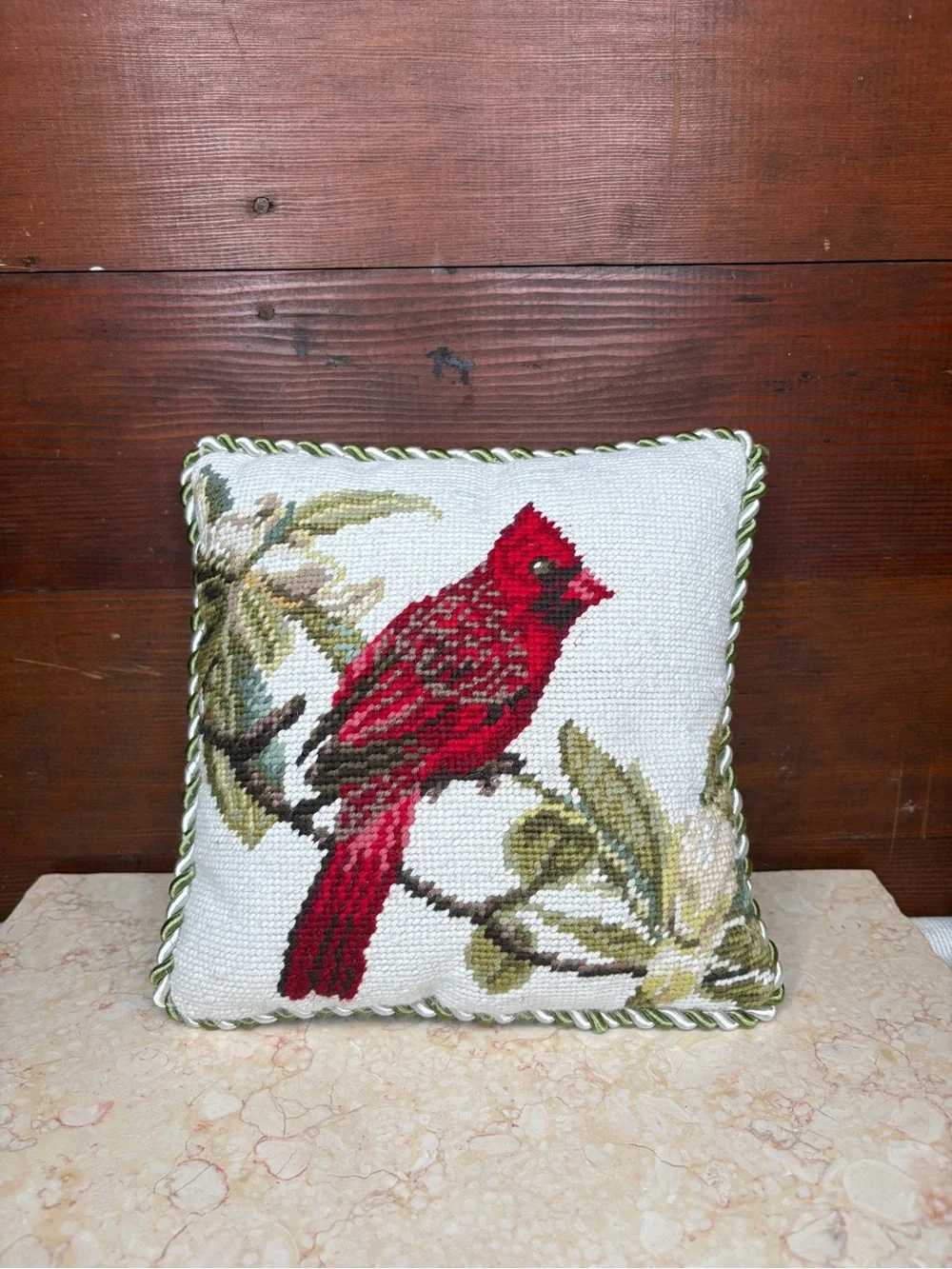 Vintage Crewel Needlepoint Cardinal Decorative Pillow Green Velour Back